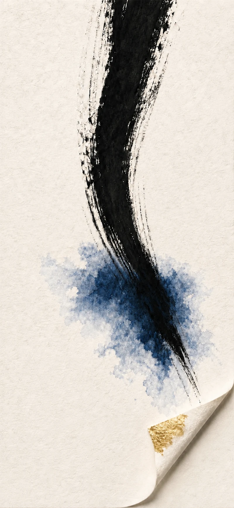 Sumi brush stroke over indigo wash and gold leaf on creased washi paper